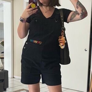 Target Black Short Overalls Romper with Rainbow Heart Embroidery